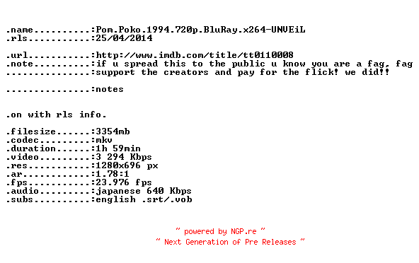 NFO for the release Pom.Poko.1994.720p.BluRay.x264-UNVEiL by UNVEiL