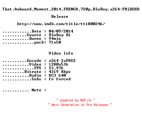 NFO for the release That.Awkward.Moment.2014.FRENCH.720p.BluRay.x264-PRiDEHD by PRiDEHD