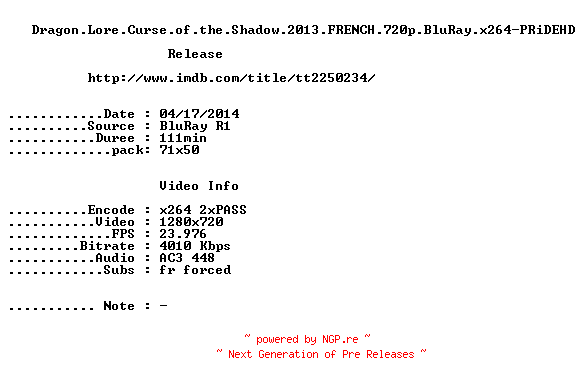 NFO for the release Dragon.Lore.Curse.of.the.Shadow.2013.FRENCH.720p.BluRay.x264-PRiDEHD by PRiDEHD