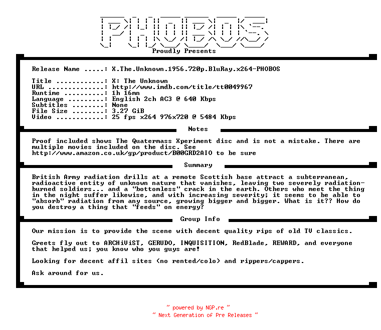 NFO for the release X.The.Unknown.1956.720p.BluRay.x264-PHOBOS by PHOBOS