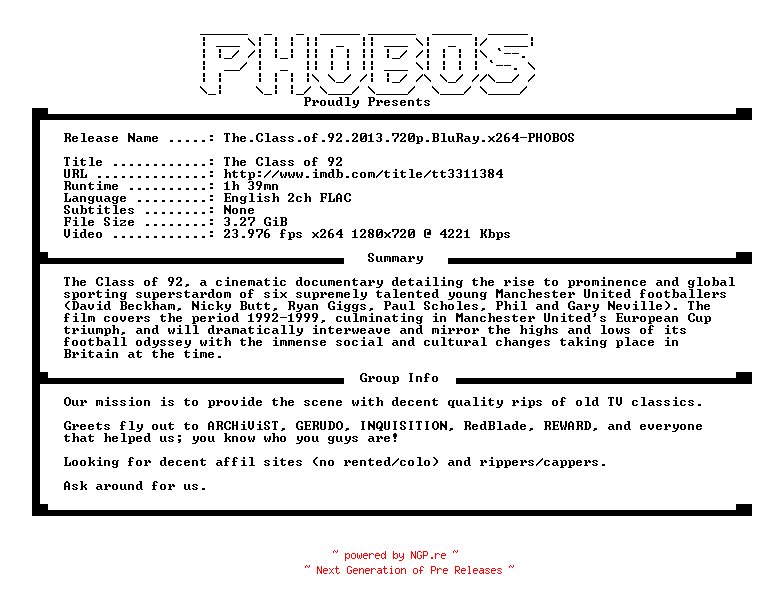 NFO for the release The.Class.of.92.2013.720p.BluRay.x264-PHOBOS by PHOBOS