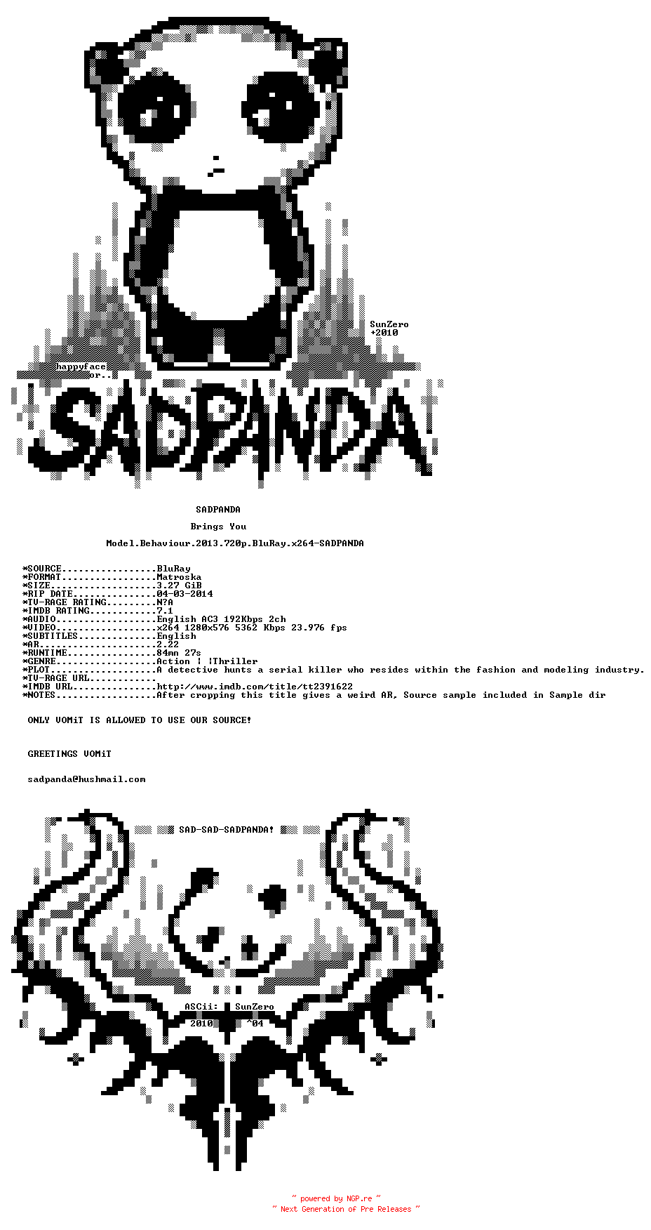 NFO for the release Model.Behaviour.2013.720p.BluRay.x264-SADPANDA by SADPANDA
