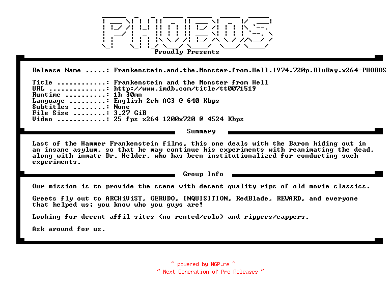 NFO for the release Frankenstein.and.the.Monster.from.Hell.1974.720p.BluRay.x264-PHOBOS by PHOBOS