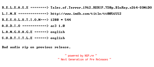 NFO for the release Tales.of.Terror.1962.RERIP.720p.BluRay.x264-SONiDO by SONiDO