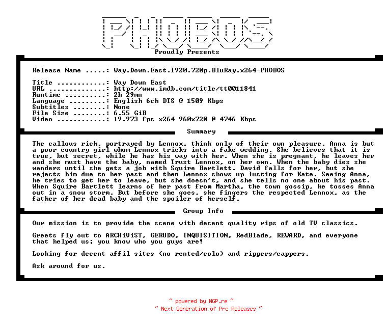 NFO for the release Way.Down.East.1920.720p.BluRay.x264-PHOBOS by PHOBOS