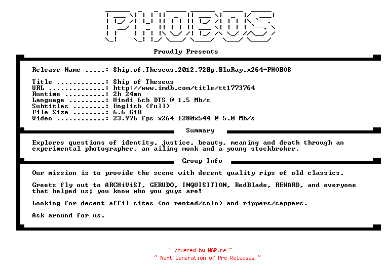 NFO for the release Ship.of.Theseus.2012.720p.BluRay.x264-PHOBOS by PHOBOS