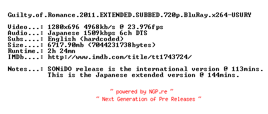 NFO for the release Guilty.of.Romance.2011.EXTENDED.SUBBED.720p.BluRay.x264-USURY by USURY
