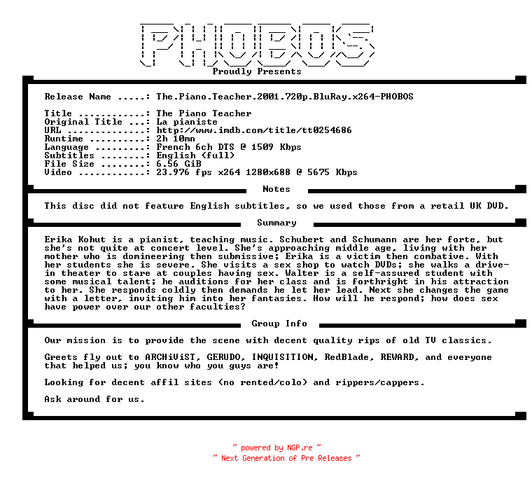 NFO for the release The.Piano.Teacher.2001.720p.BluRay.x264-PHOBOS by PHOBOS
