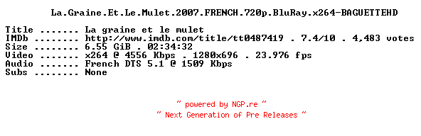 NFO for the release La.Graine.Et.Le.Mulet.2007.FRENCH.720p.BluRay.x264-BAGUETTEHD by BAGUETTEHD
