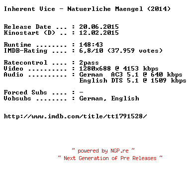 NFO for the release Inherent.Vice.Natuerliche.Maengel.2014.German.DL.720p.BluRay.x264-EXQUiSiTE by EXQUiSiTE
