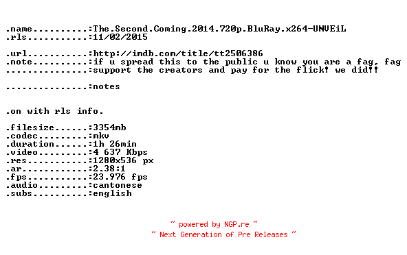 NFO for the release The.Second.Coming.2014.720p.BluRay.x264-UNVEiL by UNVEiL