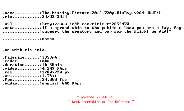 NFO for the release The.Missing.Picture.2013.720p.BluRay.x264-UNVEiL by UNVEiL