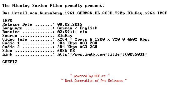 NFO for the release Das.Urteil.von.Nuernberg.1961.GERMAN.DL.AC3D.720p.BluRay.x264-TMSF by TMSF