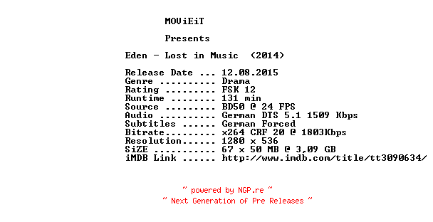 NFO for the release Eden.Lost.in.Music.2014.German.720p.BluRay.x264-MOViEiT by MOViEiT