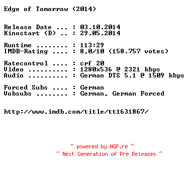 NFO for the release Edge.of.Tomorrow.German.720p.BluRay.x264-EXQUiSiTE by EXQUiSiTE