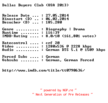 NFO for the release Dallas.Buyers.Club.German.720p.BluRay.x264-EXQUiSiTE by EXQUiSiTE