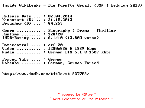 NFO for the release Inside.WikiLeaks.Die.fuenfte.Gewalt.German.720p.BluRay.x264-EXQUiSiTE by EXQUiSiTE
