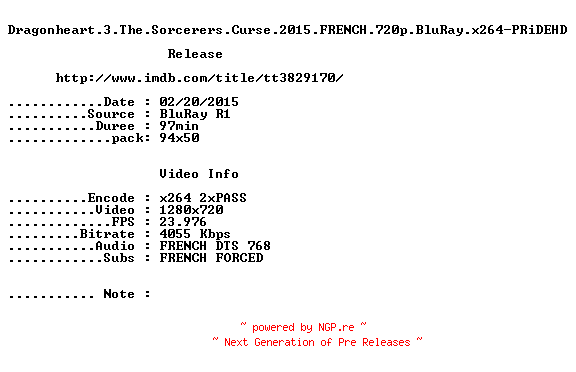 NFO for the release Dragonheart.3.The.Sorcerers.Curse.2015.FRENCH.720p.BluRay.x264-PRiDEHD by PRiDEHD