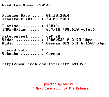 NFO for the release Need.for.Speed.German.720p.BluRay.x264-EXQUiSiTE by EXQUiSiTE