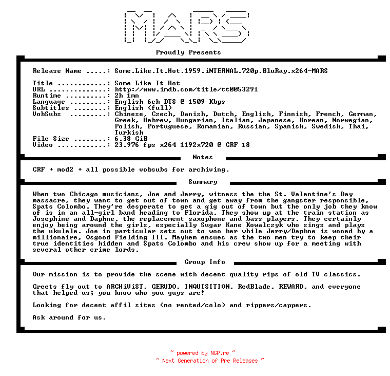 NFO for the release Some.Like.It.Hot.1959.iNTERNAL.720p.BluRay.x264-MARS by MARS