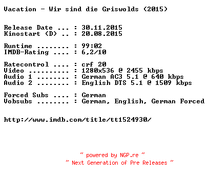 NFO for the release Vacation.Wir.sind.die.Griswolds.2015.German.DL.720p.BluRay.x264-EXQUiSiTE by EXQUiSiTE