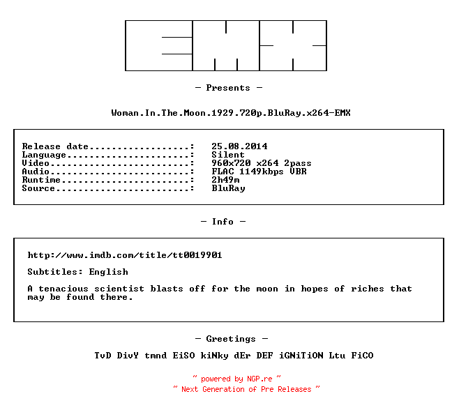 NFO for the release Woman.In.The.Moon.1929.720p.BluRay.x264-EMX by EMX