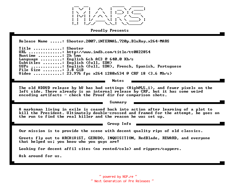 NFO for the release Shooter.2007.iNTERNAL.720p.BluRay.x264-MARS by MARS