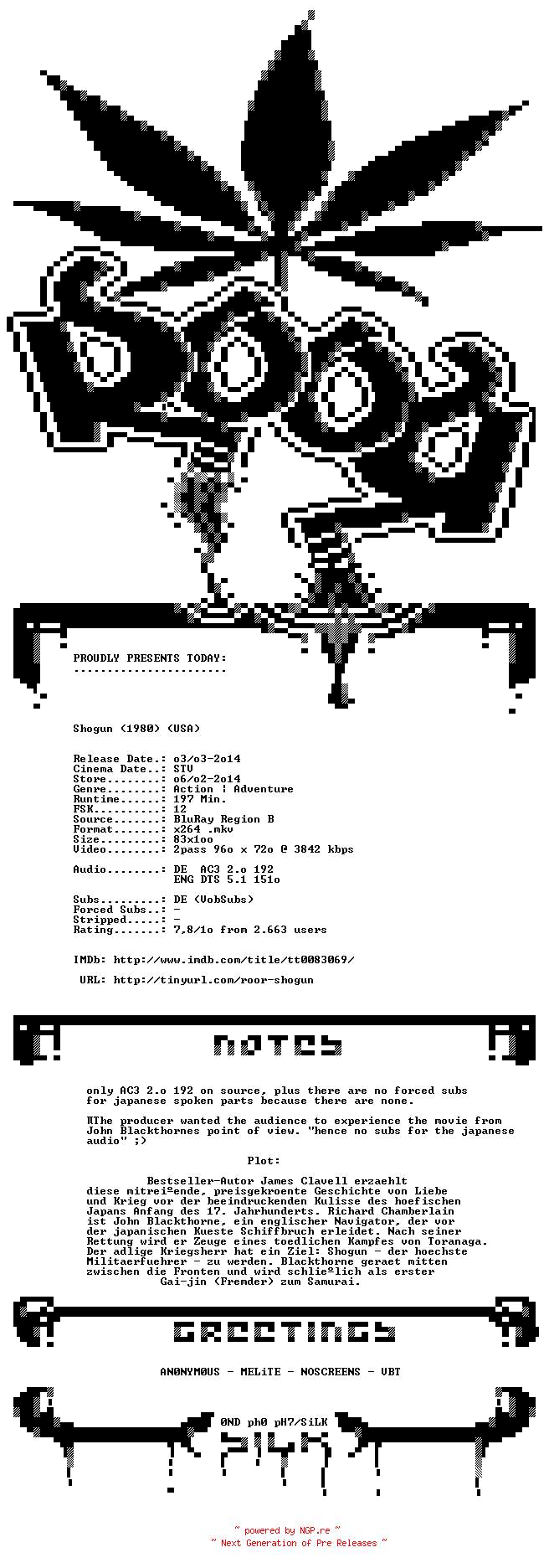 NFO for the release Shogun.1980.Teil3.German.DL.720p.BluRay.x264-ROOR by ROOR