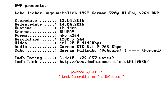 NFO for the release Lebe.lieber.ungewoehnlich.1997.German.720p.BluRay.x264-RWP by RWP