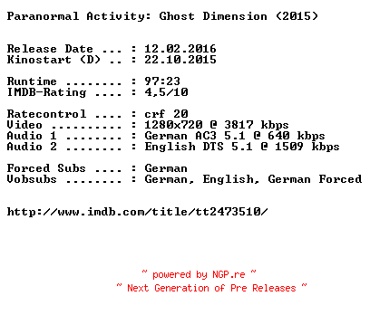 NFO for the release Paranormal.Activity.Ghost.Dimension.EXTENDED.2015.German.DL.720p.BluRay.x264-EXQUiSiTE by EXQUiSiTE