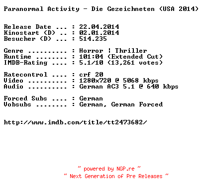 NFO for the release Paranormal.Activity.Die.Gezeichneten.EXTENDED.CUT.German.720p.BluRay.x264-EXQUiSiTE by EXQUiSiTE