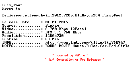 NFO for the release Deliverance.from.Evil.2012.720p.BluRay.x264-PussyFoot by PussyFoot