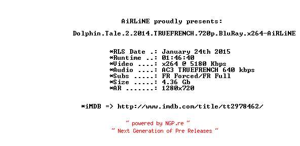 NFO for the release Dolphin.Tale.2.2014.TRUEFRENCH.720p.BluRay.x264-AiRLiNE by AiRLiNE