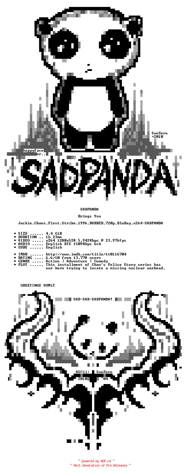 NFO for the release Jackie.Chans.First.Strike.1996.DUBBED.720p.BluRay.x264-SADPANDA by SADPANDA