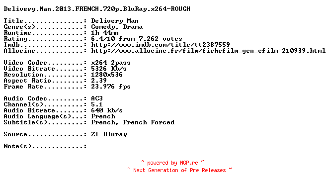 NFO for the release Delivery.Man.2013.FRENCH.720p.BluRay.x264-ROUGH by ROUGH