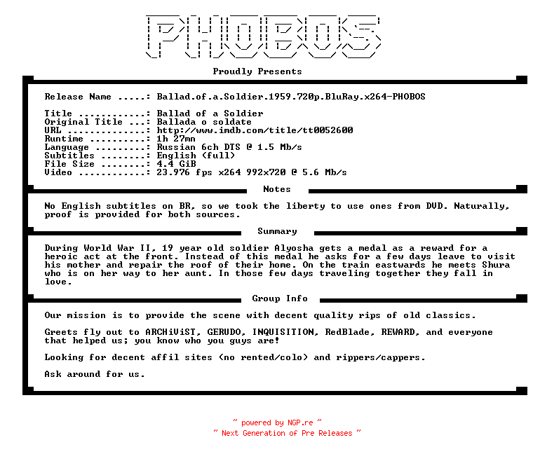 NFO for the release Ballad.of.a.Soldier.1959.720p.BluRay.x264-PHOBOS by PHOBOS