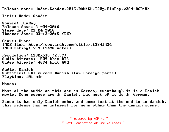 NFO for the release Under.Sandet.2015.DANiSH.720p.BluRay.x264-RCDiVX by RCDiVX