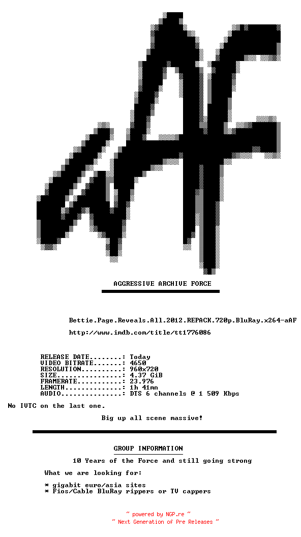 NFO for the release Bettie.Page.Reveals.All.2012.REPACK.720p.BluRay.x264-aAF by aAF