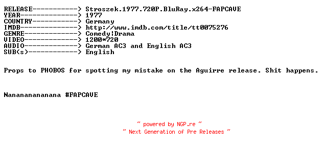 NFO for the release Stroszek.1977.720P.BluRay.x264-FAPCAVE by FAPCAVE