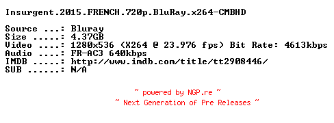 NFO for the release Insurgent.2015.FRENCH.720p.BluRay.x264-CMBHD by CMBHD