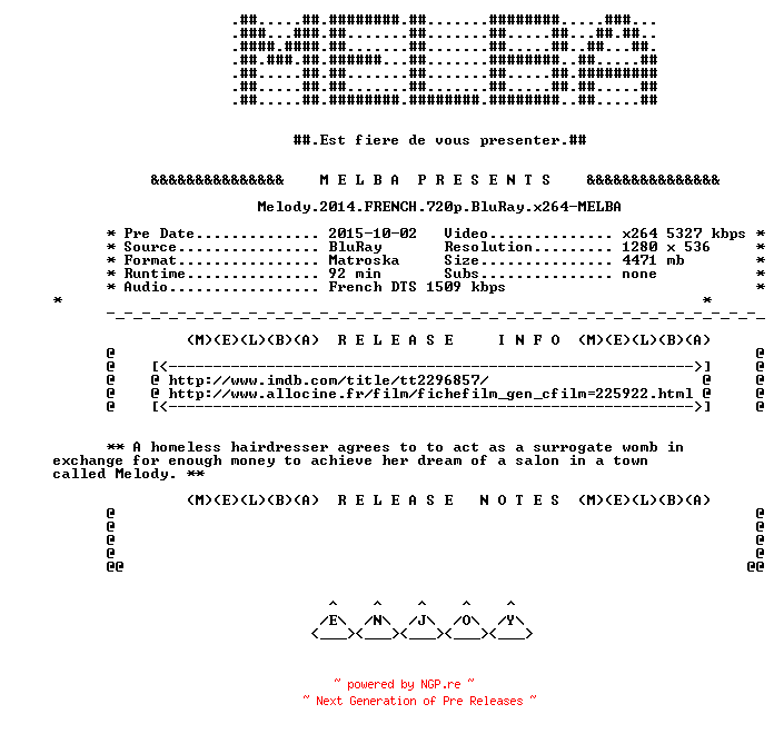 NFO for the release Melody.2014.FRENCH.720p.BluRay.x264-MELBA by MELBA