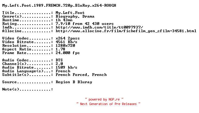 NFO for the release My.Left.Foot.1989.FRENCH.720p.BluRay.x264-ROUGH by ROUGH