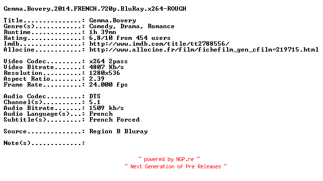 NFO for the release Gemma.Bovery.2014.FRENCH.720p.BluRay.x264-ROUGH by ROUGH