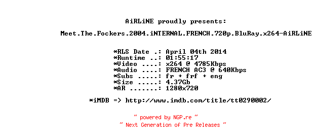 NFO for the release Meet.The.Fockers.2004.iNTERNAL.FRENCH.720p.BluRay.x264-AiRLiNE by AiRLiNE