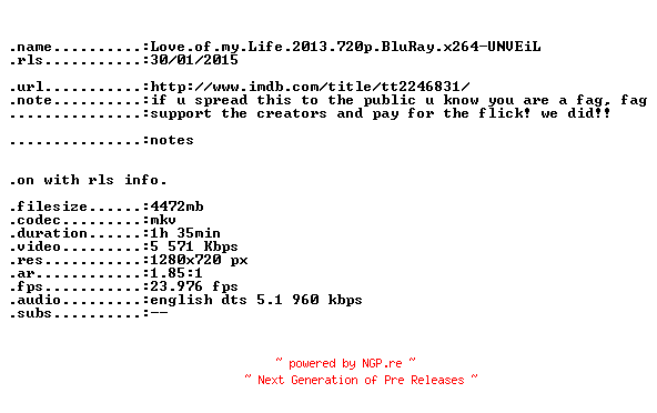NFO for the release Love.of.my.Life.2013.720p.BluRay.x264-UNVEiL by UNVEiL