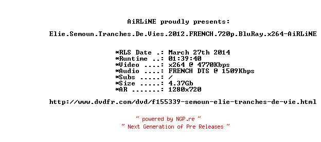 NFO for the release Elie.Semoun.Tranches.De.Vies.2012.FRENCH.720p.BluRay.x264-AiRLiNE by AiRLiNE