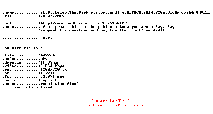 NFO for the release 20.Ft.Below.The.Darkness.Descending.REPACK.2014.720p.BluRay.x264-UNVEiL by UNVEiL