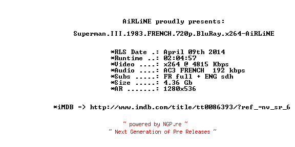 NFO for the release Superman.III.1983.FRENCH.720p.BluRay.x264-AiRLiNE by AiRLiNE