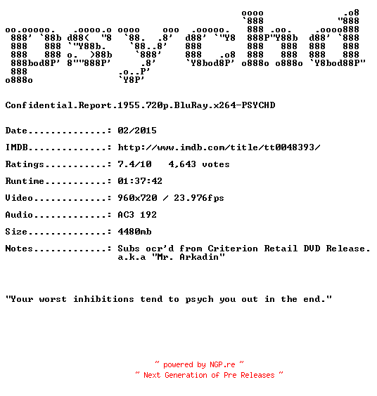NFO for the release Confidential.Report.1955.720p.BluRay.x264-PSYCHD by PSYCHD