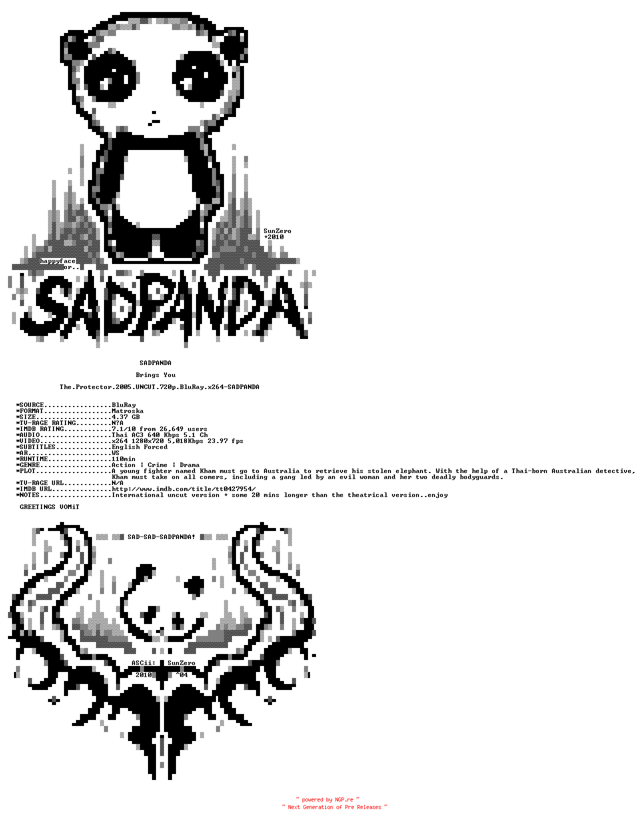 NFO for the release The.Protector.2005.UNCUT.720p.BluRay.x264-SADPANDA by SADPANDA